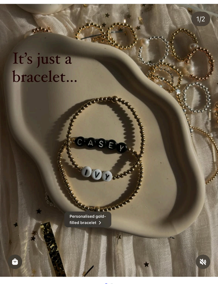 Ivy & Gold TikTok slide one: personalised bracelet with the text 'It's just a bracelet...'