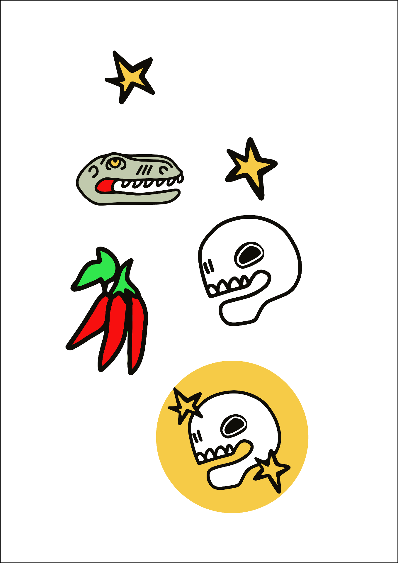Raptor illustrated graphics: skulls, stars, chillies and dinosaur