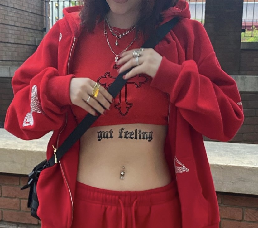 Red cross-embroidered crop top